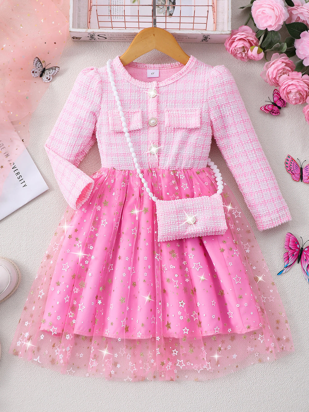 New girls' long-sleeve star mesh dress with matching mini bag