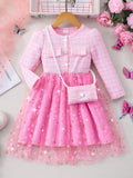New girls' long-sleeve star mesh dress with matching mini bag