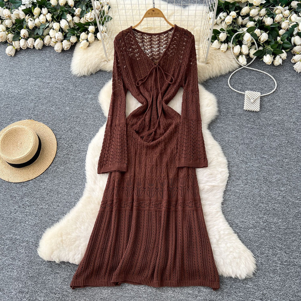 Korean chic sweet & gentle style hollow-out crochet lace-up v-neck long sleeve knitted dress - women's high-end maxi dress