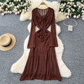 Korean chic sweet & gentle style hollow-out crochet lace-up v-neck long sleeve knitted dress - women's high-end maxi dress