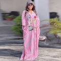 European and american cross-border women's fashion:  spring new arrival - stylish casual pink v-neck striped loose long dress