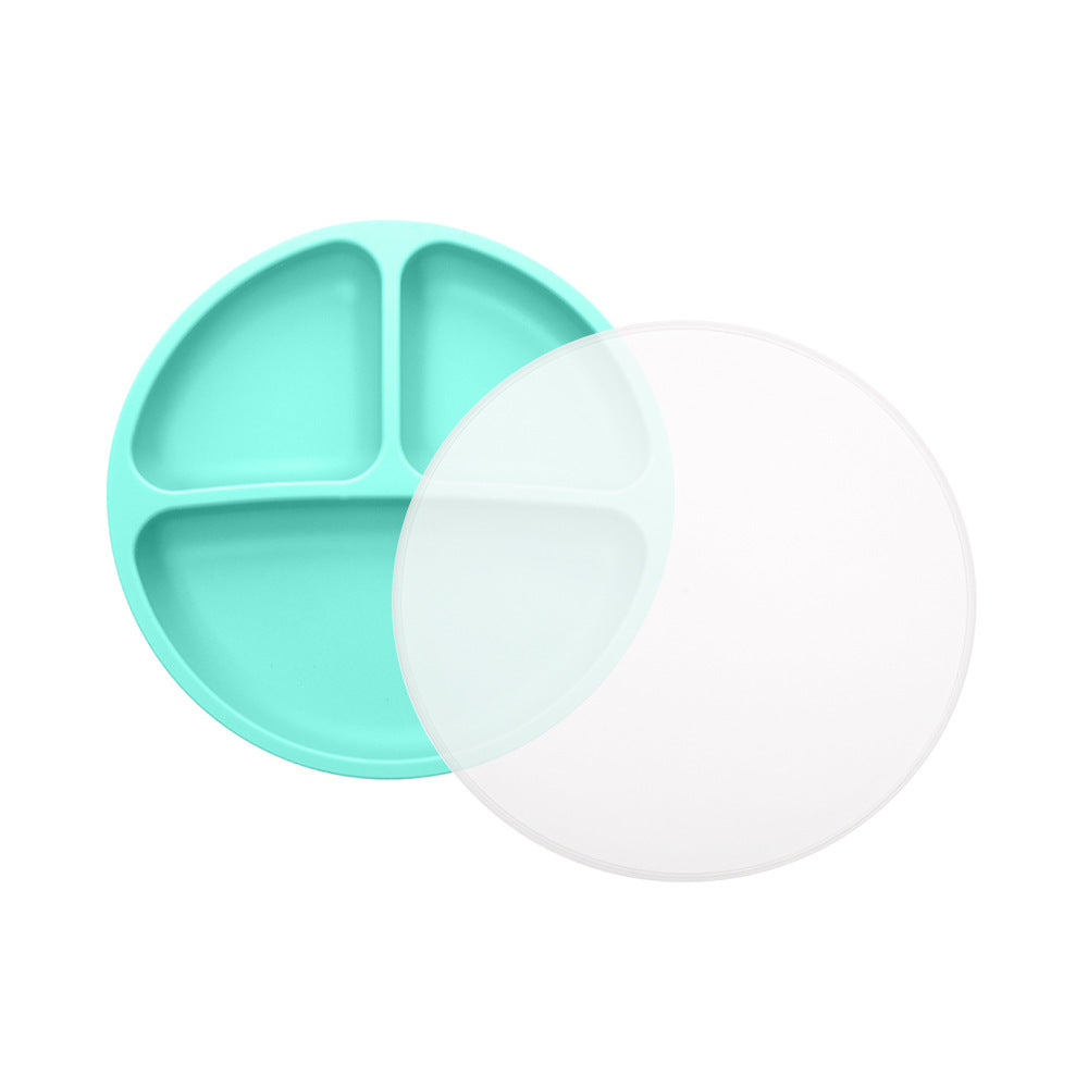 Children's silicone round three-grid plate with PP lid tableware set Baby feeding complementary food plate with small suction cup