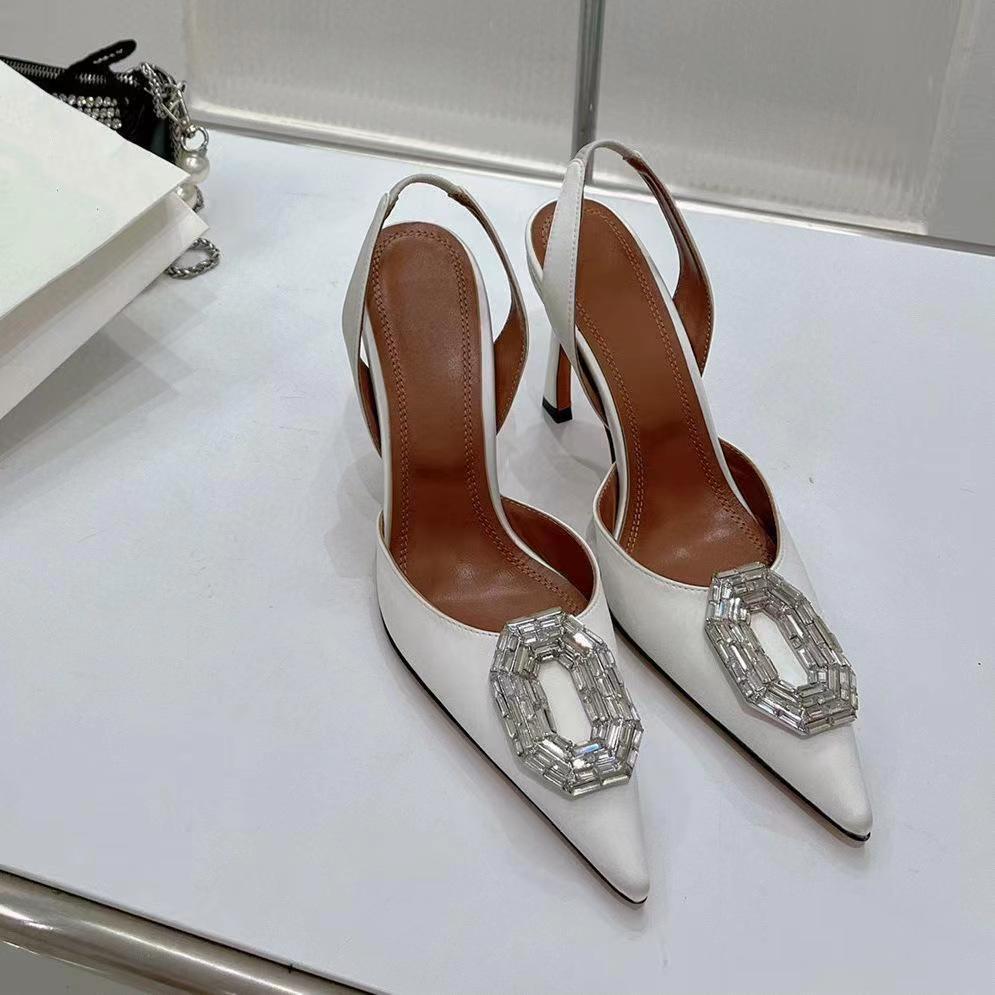 2026 early spring new pointed-toe rhinestone square buckle sexy high heel sandals, silk satin cutout back strap women's sandals