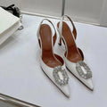 2026 early spring new pointed-toe rhinestone square buckle sexy high heel sandals, silk satin cutout back strap women's sandals
