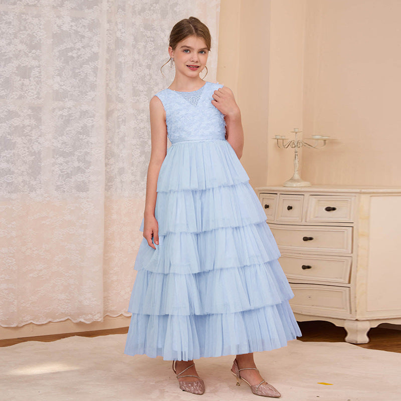 Custom girls' formal dresses, tiered cake dresses, long vest dresses, cross-border e-commerce, big & tall girls' dresses, french princess dresses