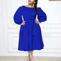 D479  cross-border women's spring  new long-sleeve crew neck tie-waist solid color a-line dress - european and american style