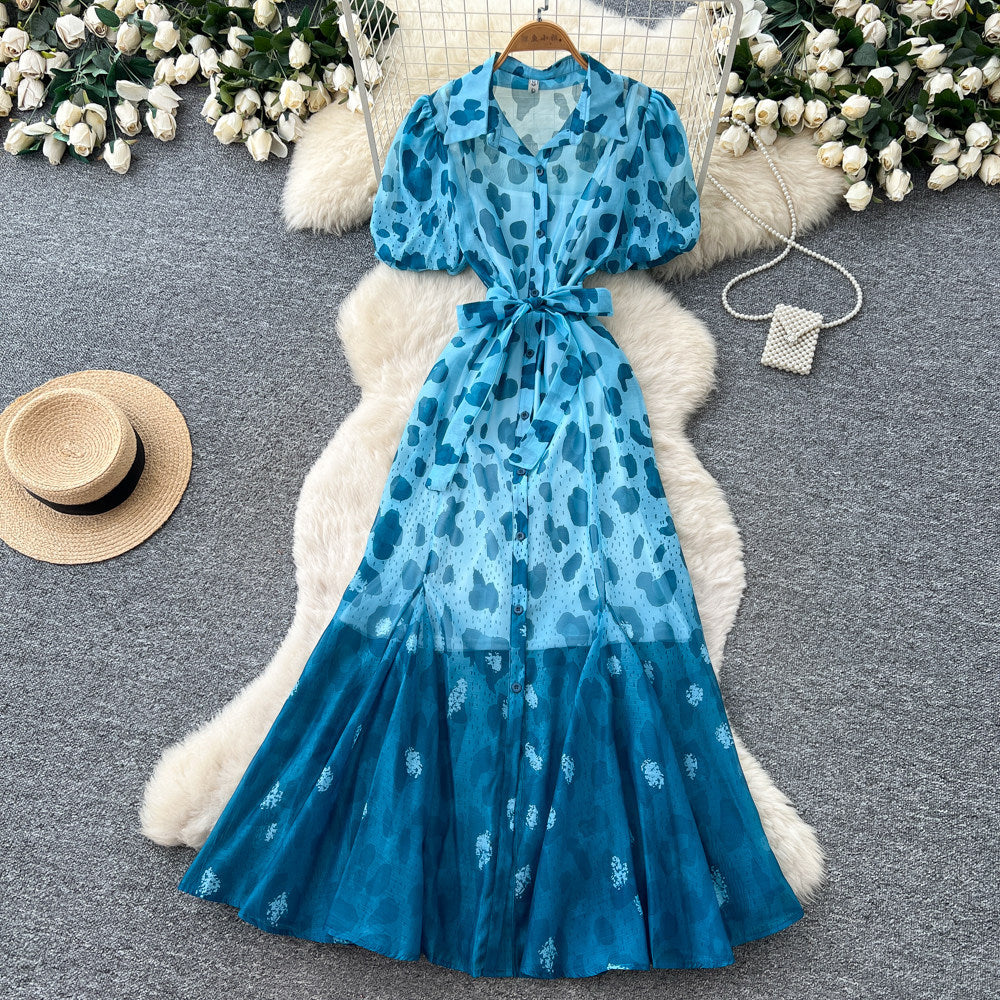 K-style lapel leopard print dress women's summer puff sleeves waist tie back a-line skirt elegant shirt skirt