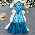 K-style lapel leopard print dress women's summer puff sleeves waist tie back a-line skirt elegant shirt skirt