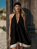 Summer new european and american cross-border hot seller: royal blue and white halter neck deep v cotton linen dress - loose fit, figure-flattering beach dress