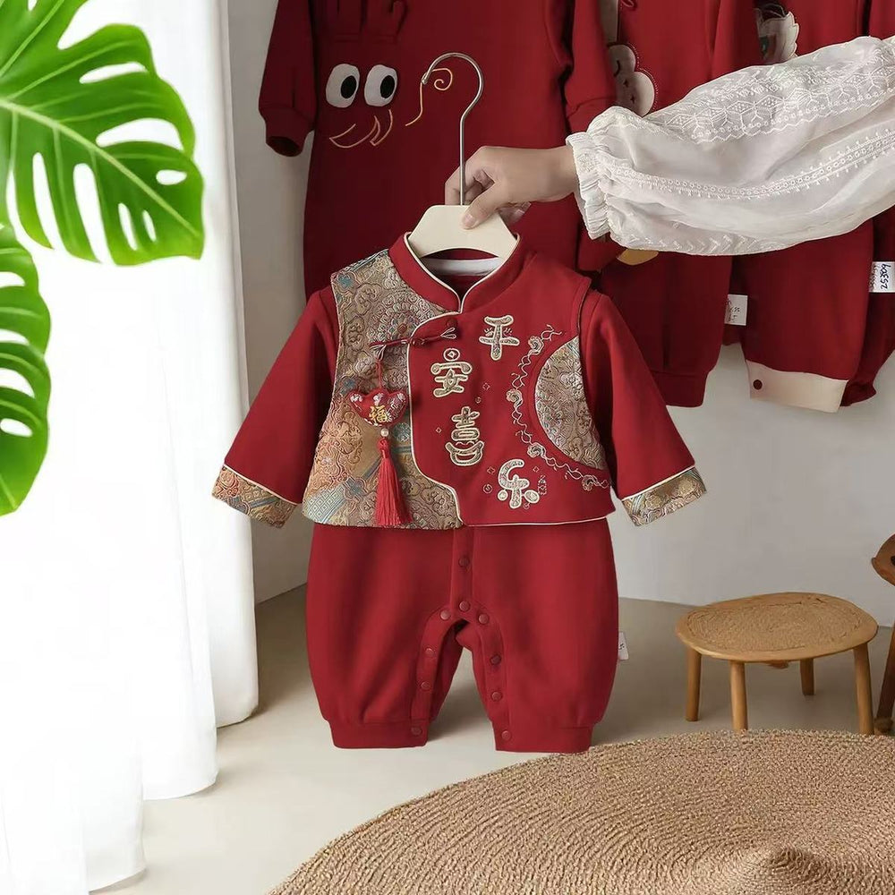 Spring autum jumpsuit baby clothes baby full moon first birthday banquet red festive national style khaki new year anxi crawling suit