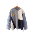 European and american style cross-border autumn/winter denim sleeve color block smiley face loose pullover sweater round neck knitted base layer top for women