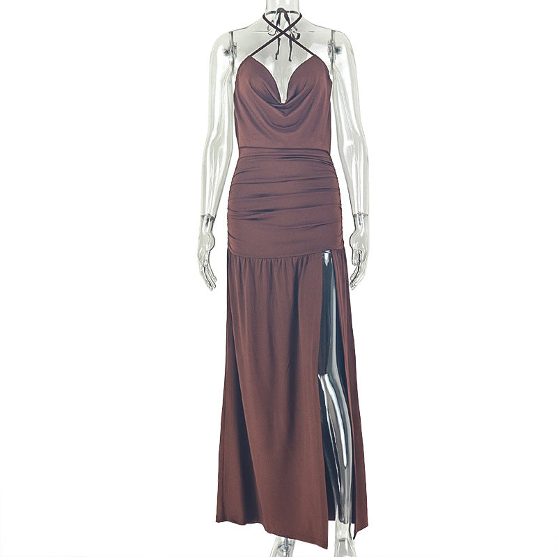 Fashion style ins cross-border style women's pure color slit asymmetrical skirt chest-wrapped deep v necksexyhalterdress