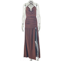 Fashion style ins cross-border style women's pure color slit asymmetrical skirt chest-wrapped deep v necksexyhalterdress