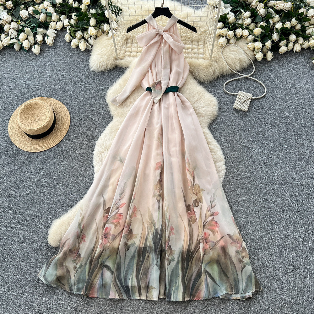 French riviera style halter sleeveless dress - women's summer cinched waist slimming tiered ruffle cake dress