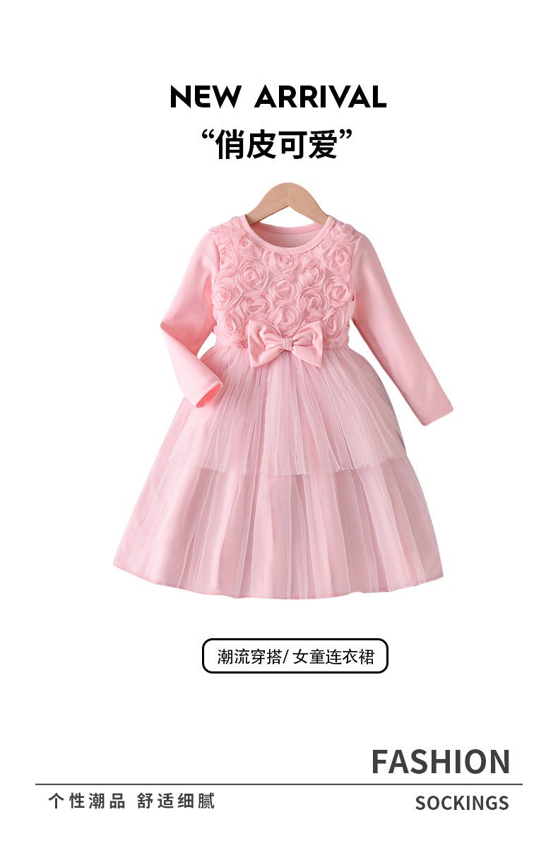 girls' dress - pink floral bow long sleeve tulle princess tutu dress - autumn children's skirt