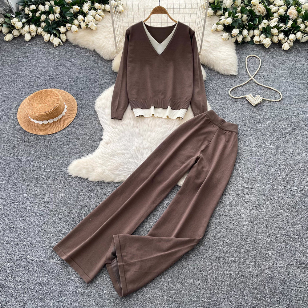 Commuting style long sleevespatchworkv neckknitting shirttwo-piece setfemale autumslimslimming lookloose pantslazysuit light and mature