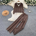 Commuting style long sleevespatchworkv neckknitting shirttwo-piece setfemale autumslimslimming lookloose pantslazysuit light and mature