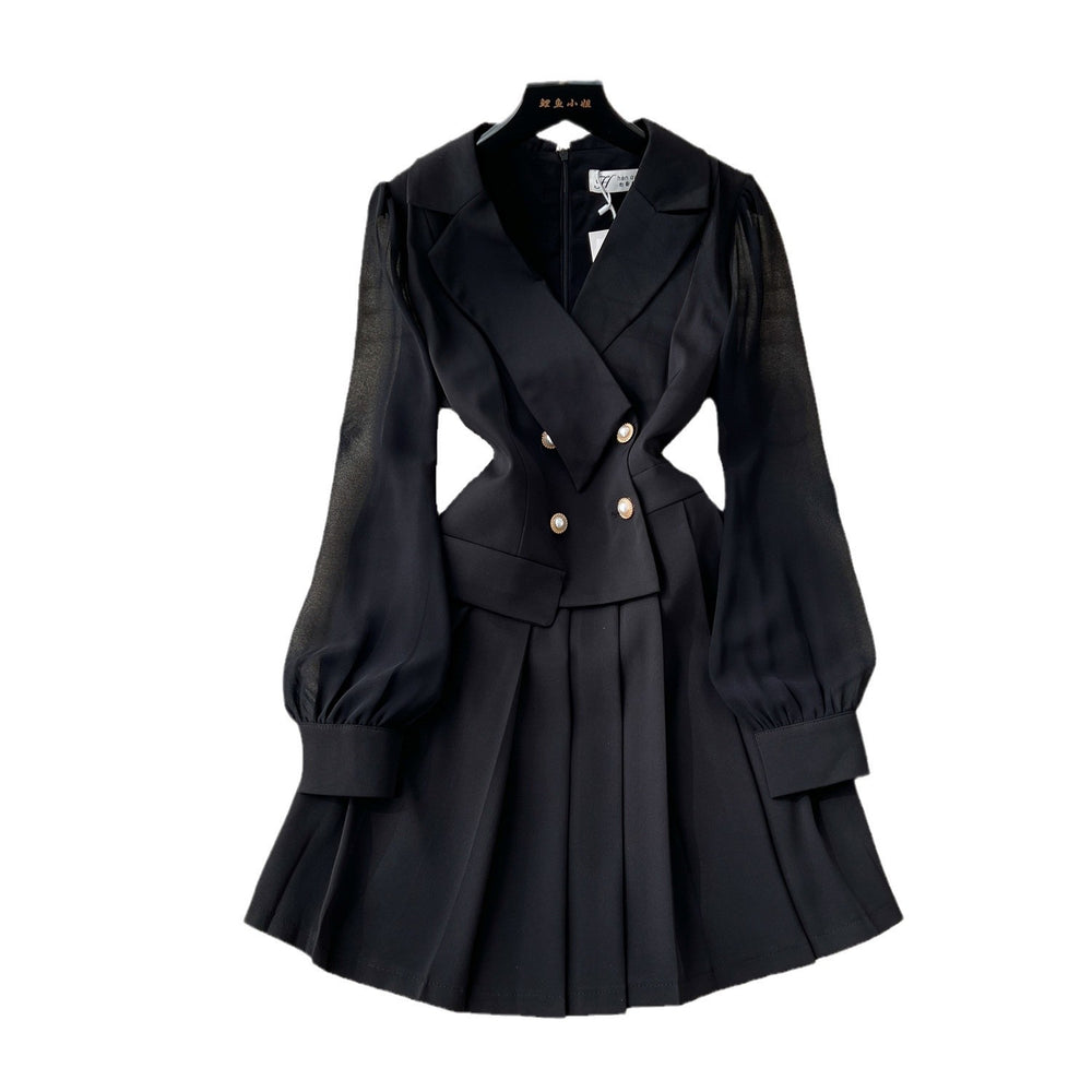 Black suit collar dress for women, 2024 autumn collection, high-end double-breasted design, cinched waist, long sleeves, pleated little black dress, mini skirt