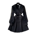Black suit collar dress for women, 2024 autumn collection, high-end double-breasted design, cinched waist, long sleeves, pleated little black dress, mini skirt