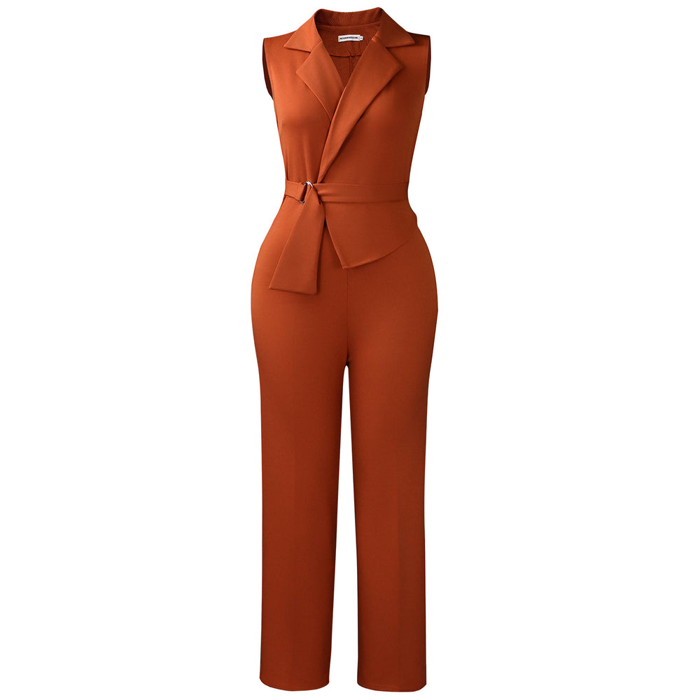 C8653 cross-border e-commerce summer fashion solid color sleeveless blazer collar tie wide leg pants african jumpsuit