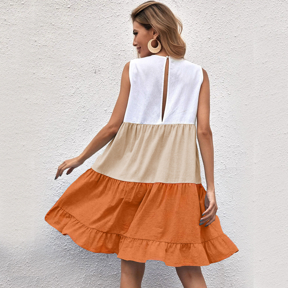 European and American elegant style round neck sleeveless dress summer mid-waist pullover ruffle skirt women's versatile