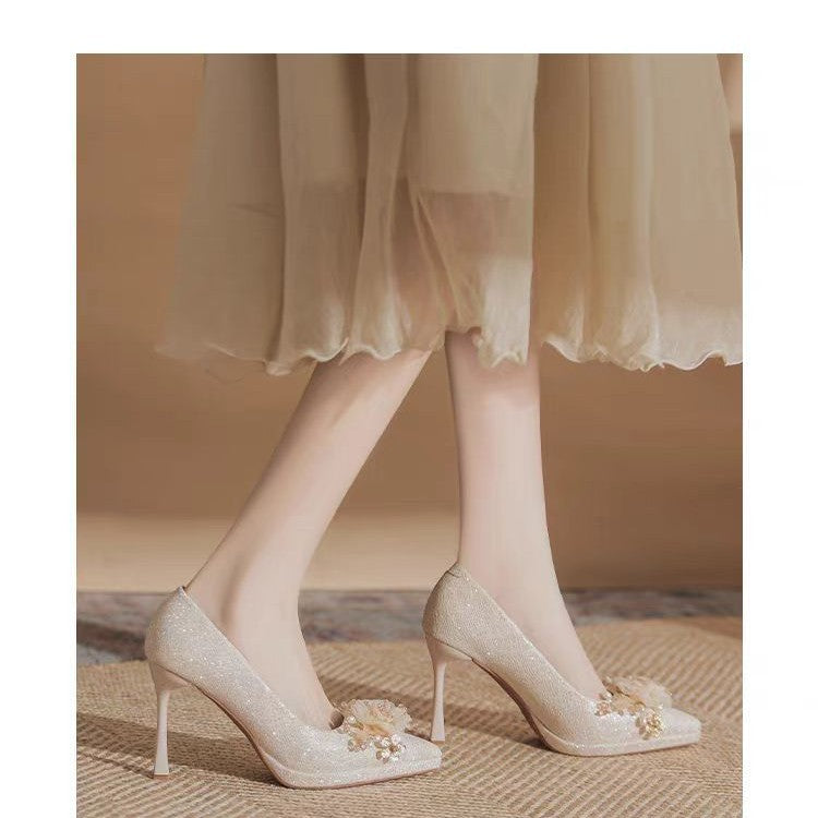 2025 new french champagne rhinestone floral platform heels - women's petite high heels for weddings and special occasions