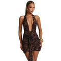 Fashionexport women's clothing spring and summer new arrivalfashion deep v backless halter hot girl leopard print sexy silmdress women