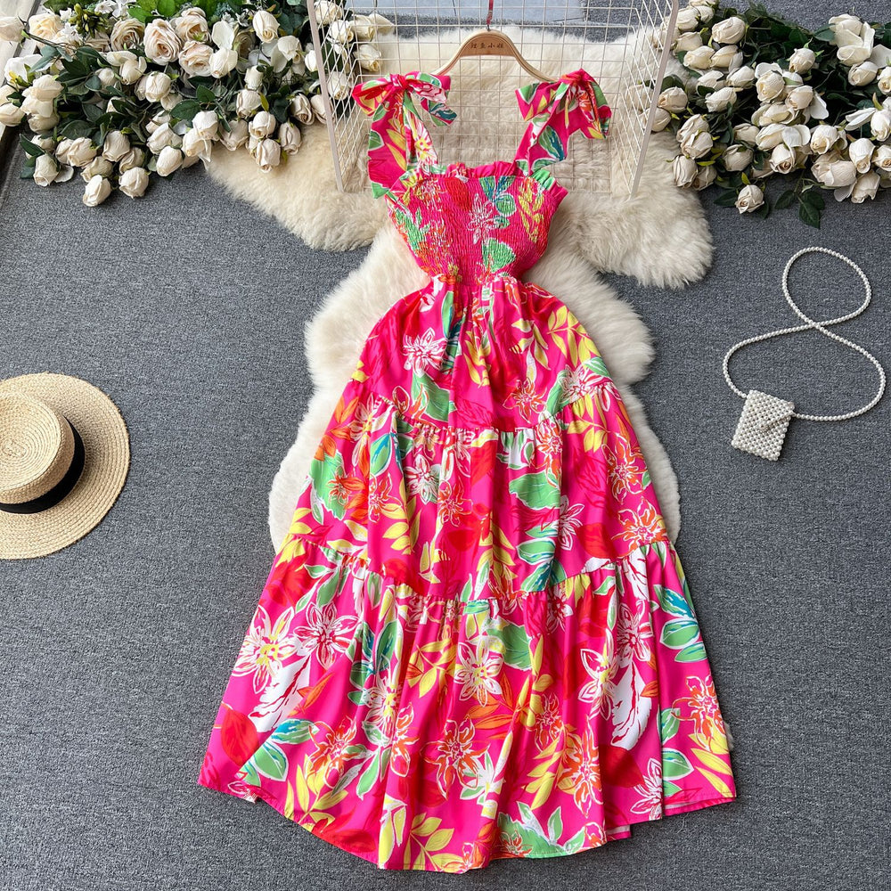 Hainan sanya travel & leisure dress - new summer collection: strapless bandeau, off-the-shoulder, cinched waist, maxi swing, printed dress for women