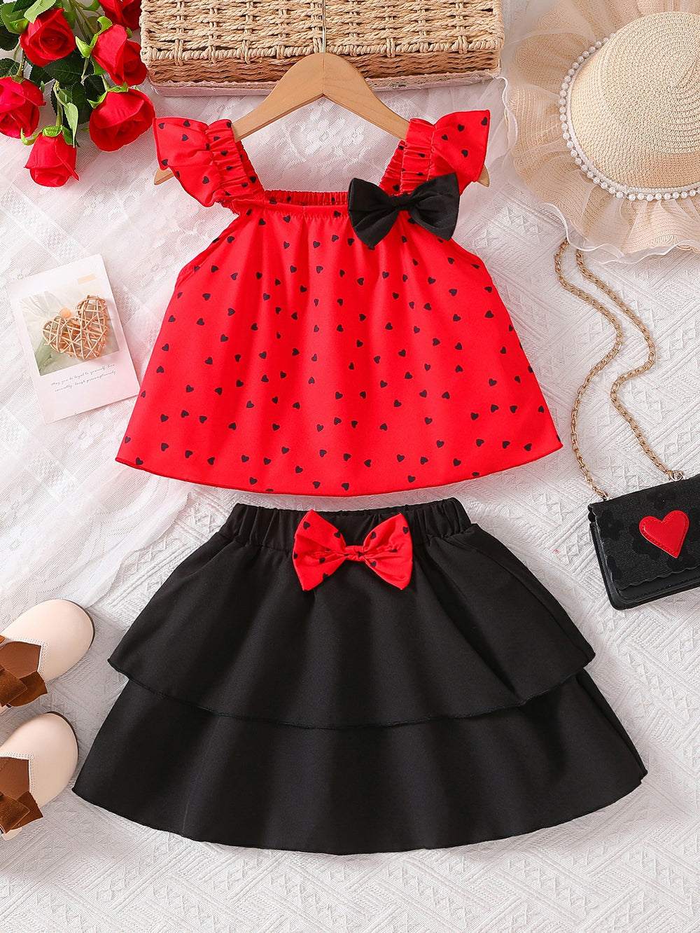 Girls' export dress set: red polka dot flutter sleeve top with bow detail and black midi skirt - two-piece outfit for kids