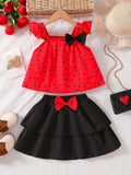 Girls' export dress set: red polka dot flutter sleeve top with bow detail and black midi skirt - two-piece outfit for kids