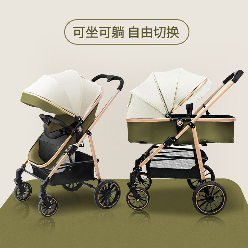 Three-in-one baby stroller, lightweight, foldable, sit-down, reclining, high-view, sleeping blue, reversible newborn baby stroller