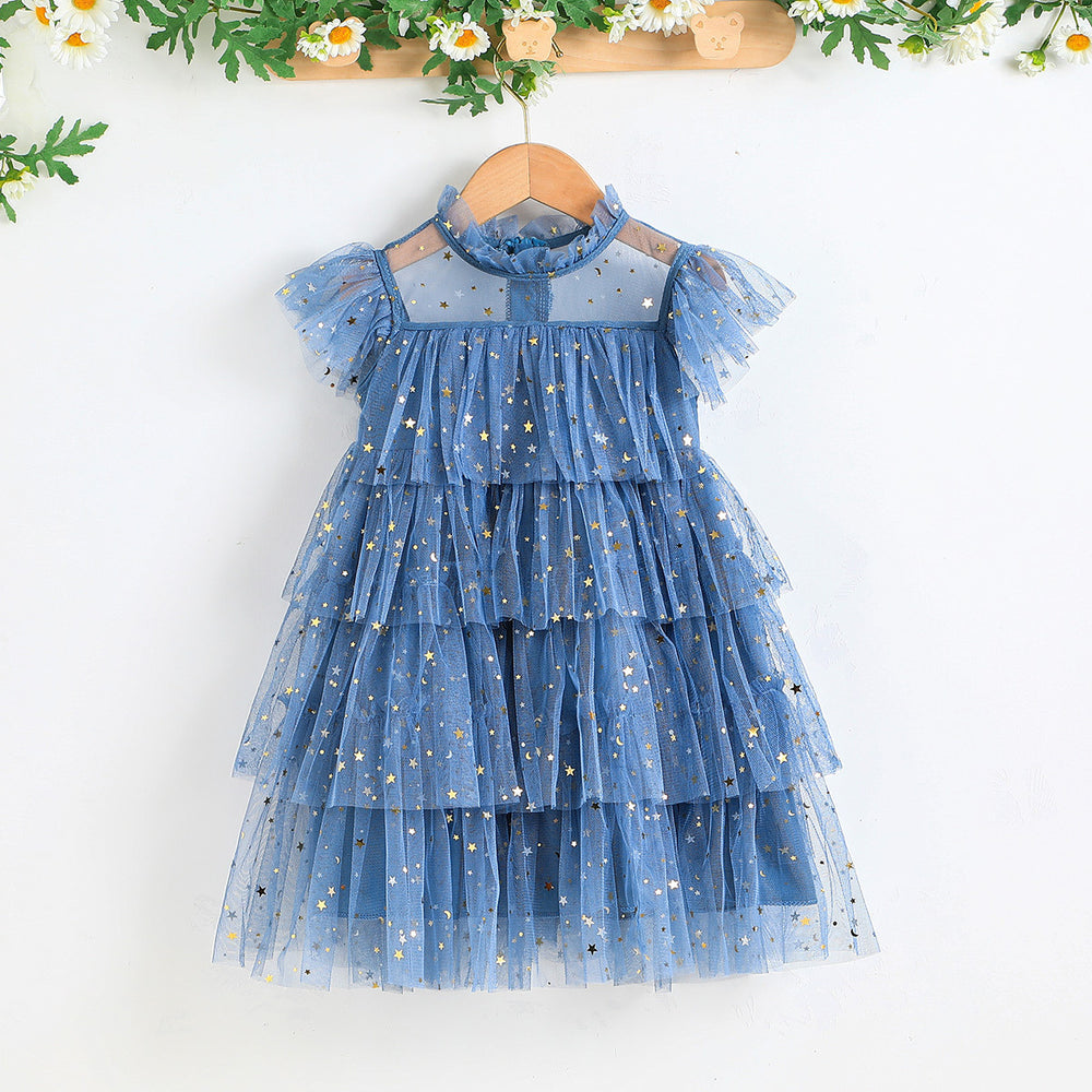 girls' ins-style mesh dress, ages 3-8, flutter sleeve dress, european and american solid color summer dress, cross-border e-commerce