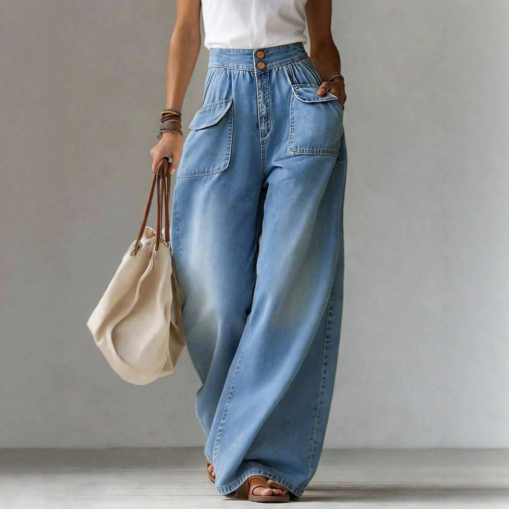 Fashionjeans women's double-button high waist large patch pocket wide-leg pants export light blue washed elastic waist denim women's pants