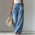 Fashionjeans women's double-button high waist large patch pocket wide-leg pants export light blue washed elastic waist denim women's pants