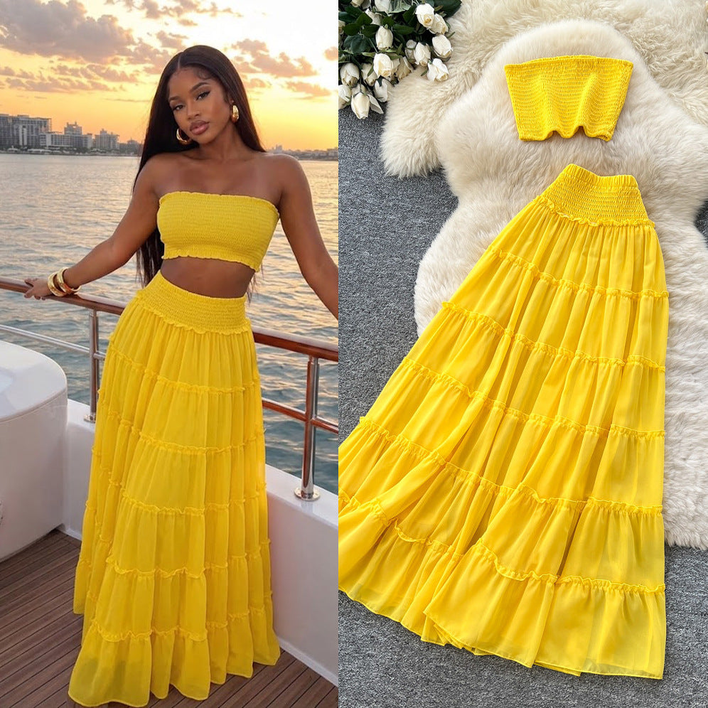 summer new arrival: yellow pleated two-piece set - women's summer sweet & spicy layered cake skirt commute chic outfit