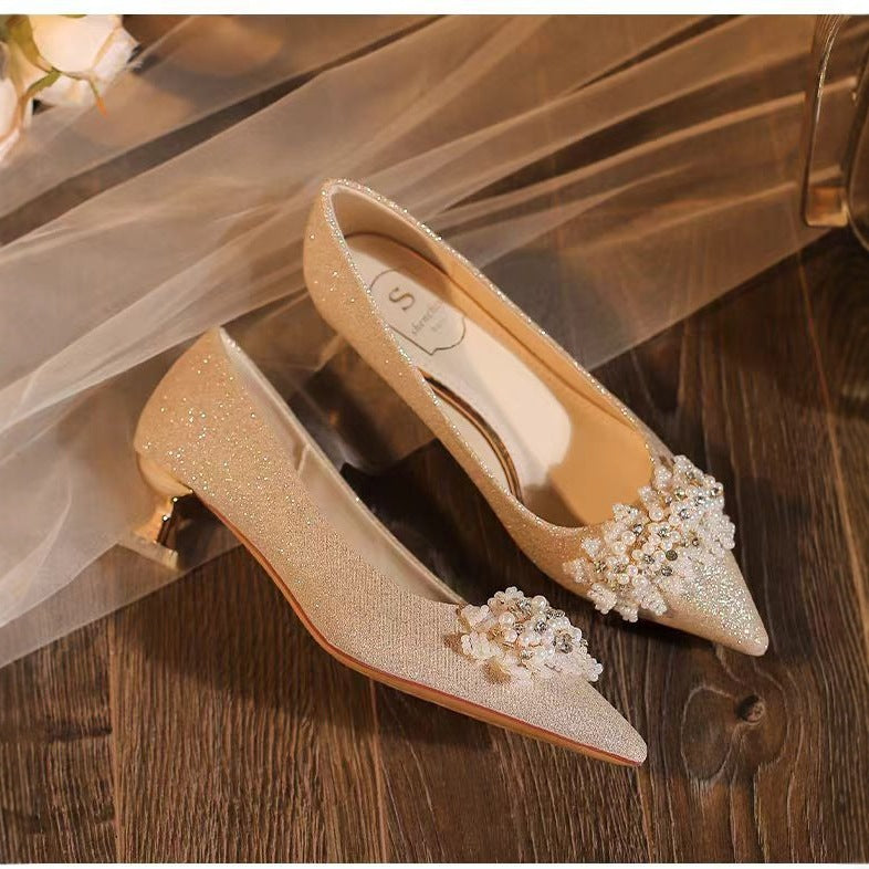 French sequin wedding shoes women 2025 new pointed toe low heel rhinestone bridal shoes