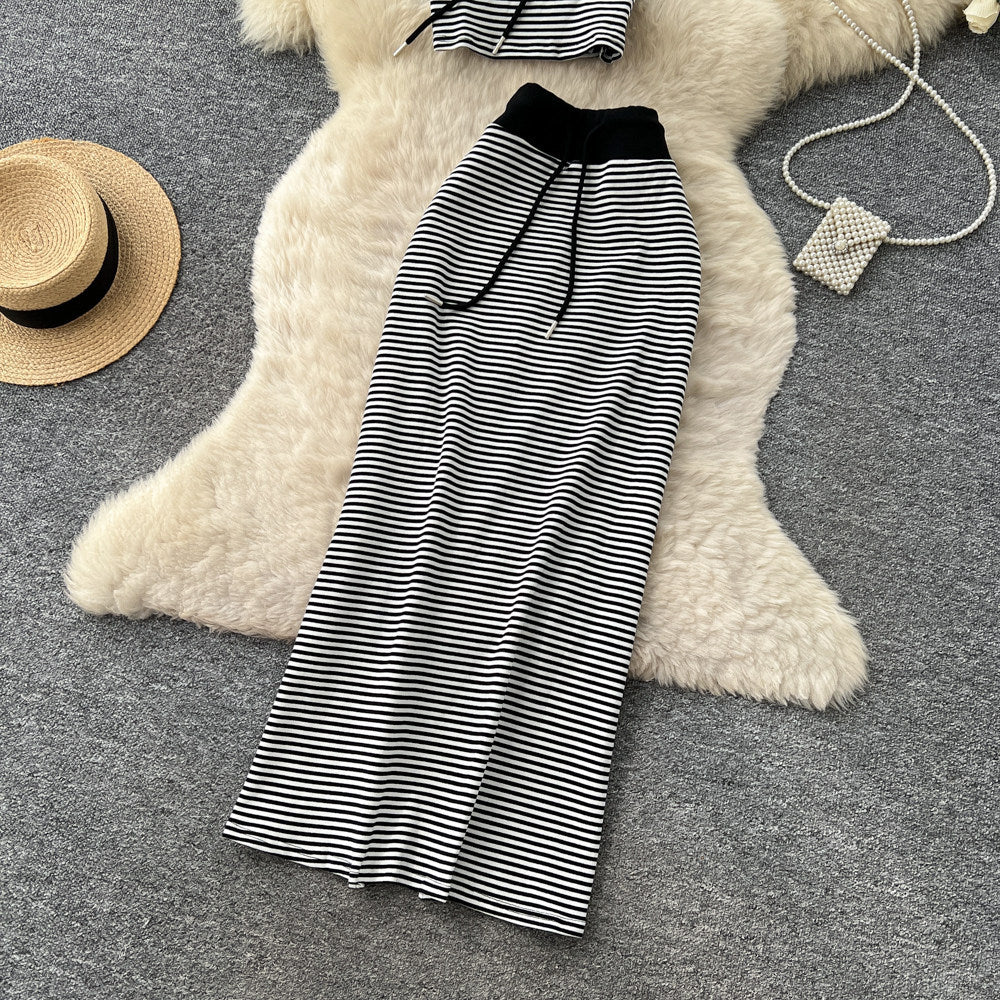 Lazy style slit skirt two-piece set women's summertie back waist tube top silmstraight-leg skirt work clothingsuit