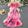 new women's summer sleeveless printed dress with pearl off-the-shoulder neckline, high-waisted a-line skirt, commute-friendly high street style