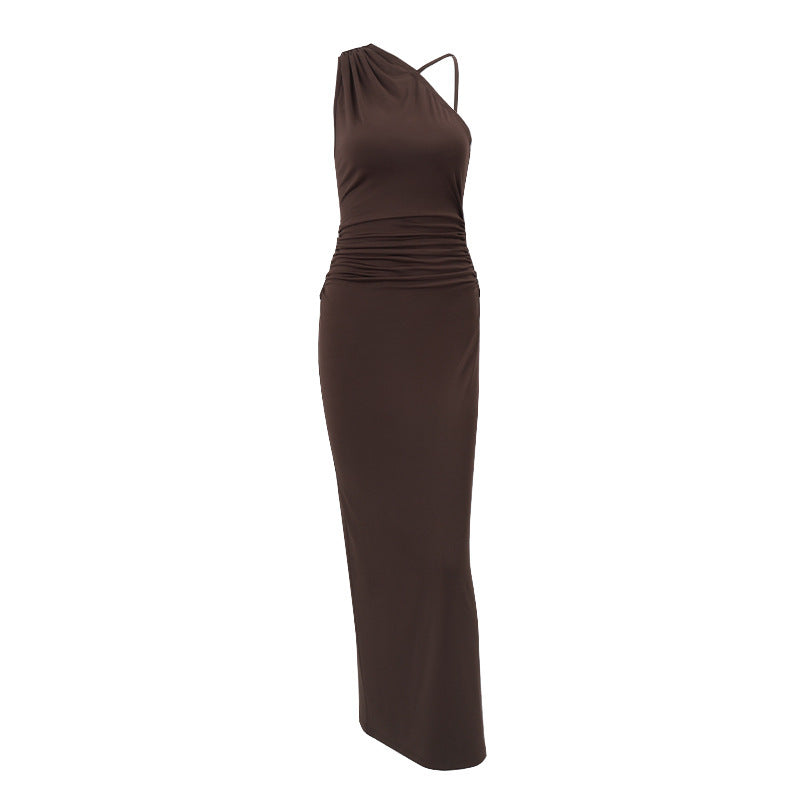 European and american women's clothing  spring new arrival: elegant solid color one-shoulder sleeveless bodycon ruched panel bodycon dress