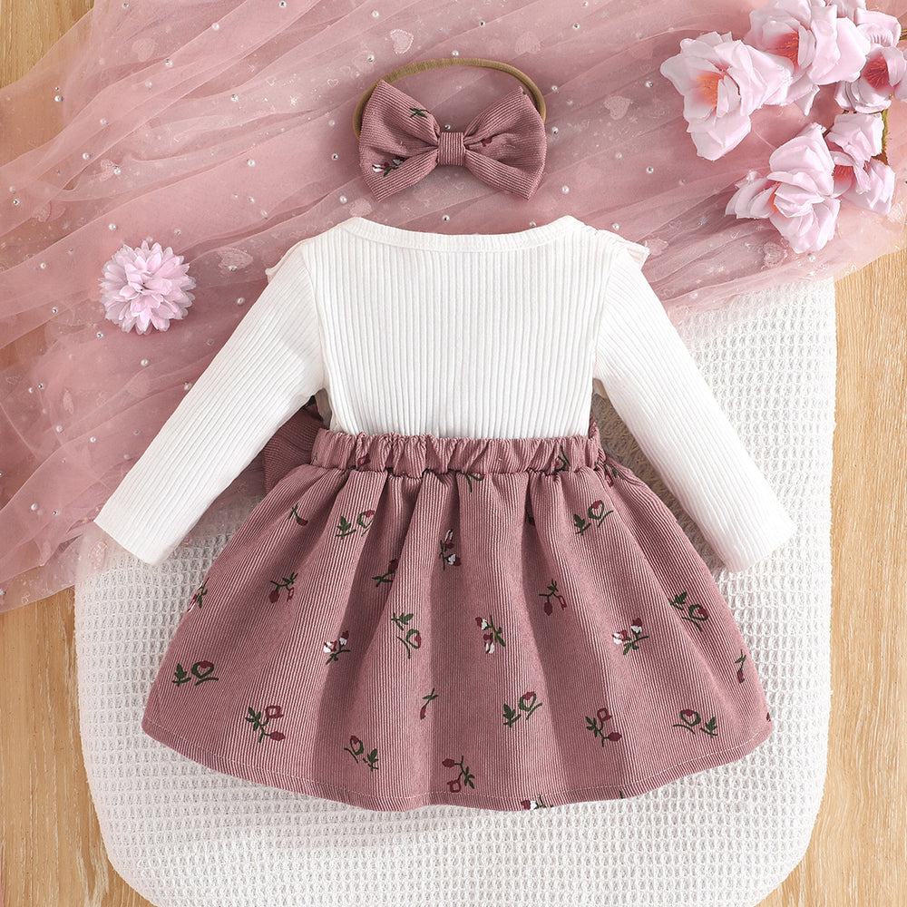 baby girl printed flutter sleeve ruffle trim bow 2-in-1 dress with headband - new autumn dress