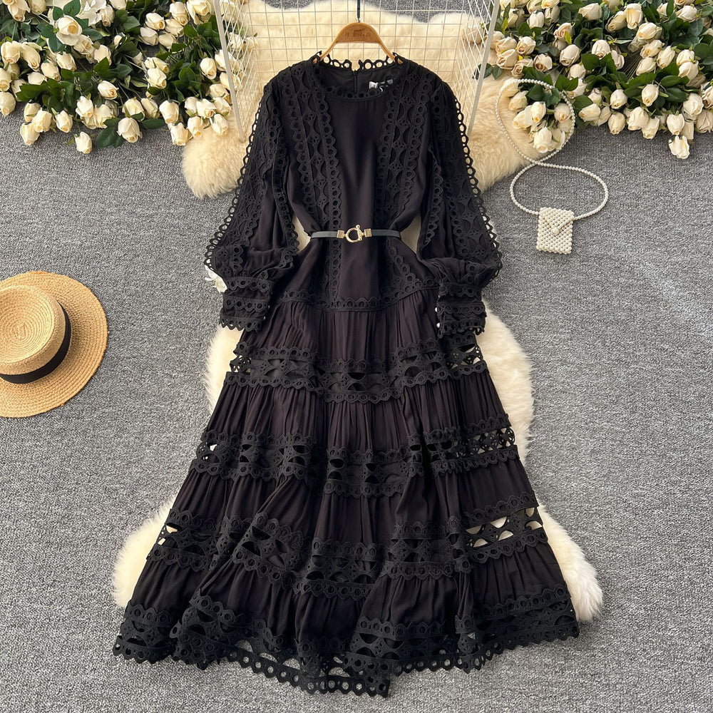 High-end elegant women's evening gown  new collection: court style retro heavily embroidered hollow-out lace patchwork french dress