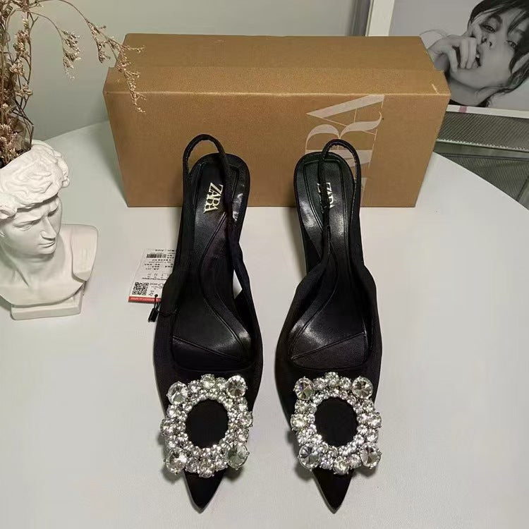 Za dtm2024springnew arrival thin heel flats black high heel pointed elegant tweed style mule shoes flats women