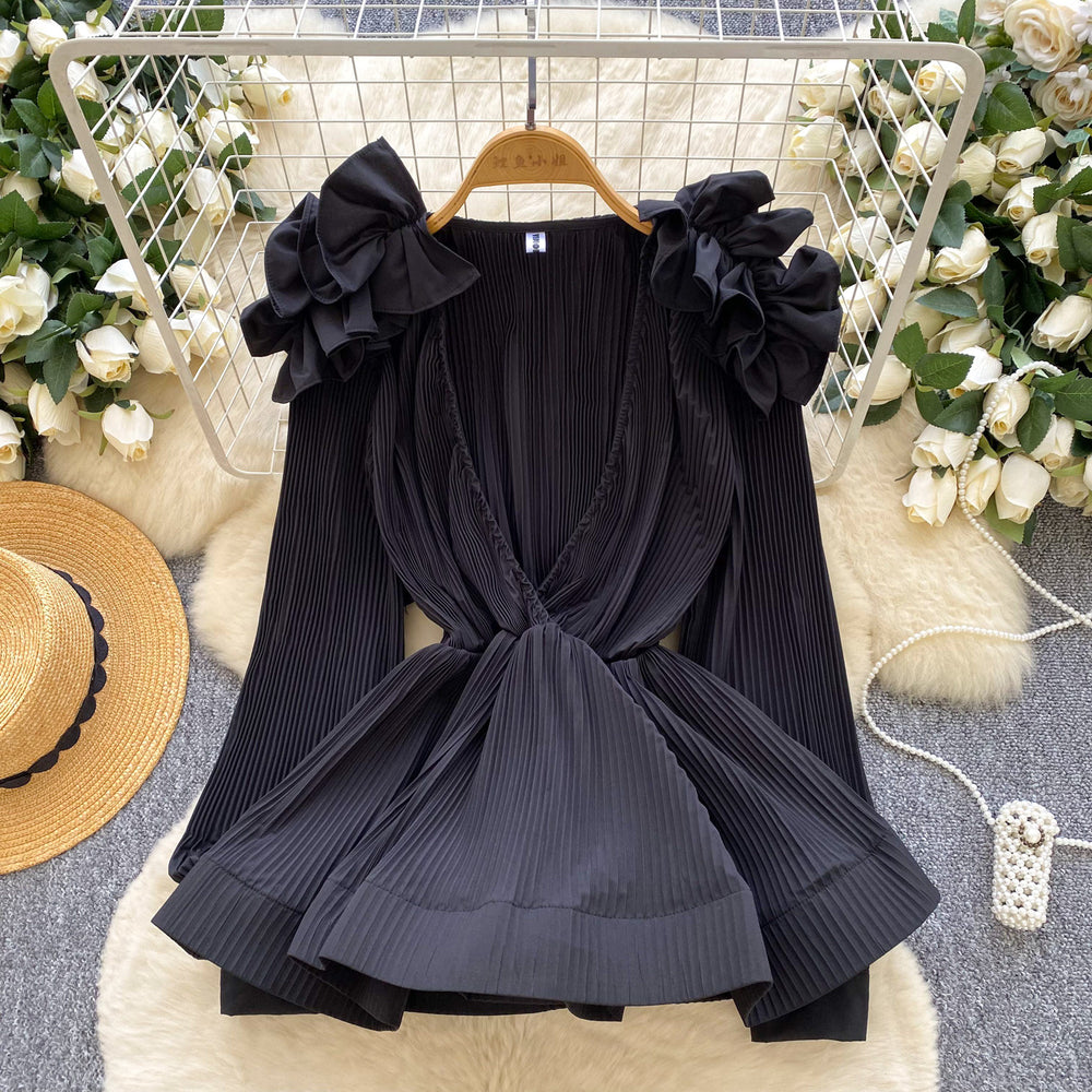 European and american fashion v-neck ruffle trim long sleeve blouse - women's  autumn high-end slim fit ruffle hem top