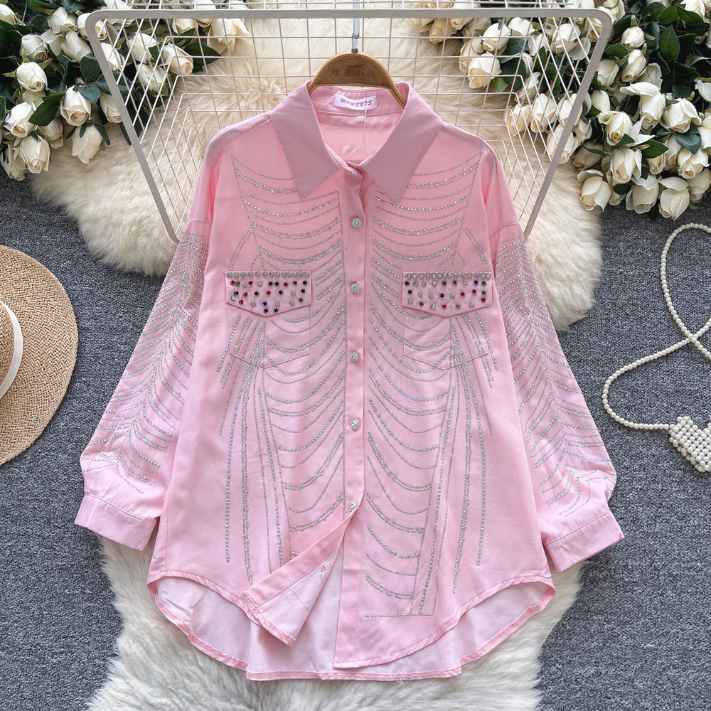 European fashion diamond-embellished long-sleeve shirt for women,  new arrival, relaxed fit, casual loose single-breasted top