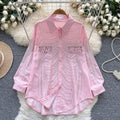 European fashion diamond-embellished long-sleeve shirt for women,  new arrival, relaxed fit, casual loose single-breasted top