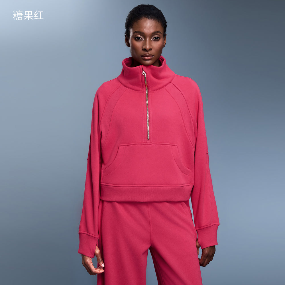 Women's fleece-lined half-zip high neck pullover sweatshirt - autumn/winter warm outerwear top - d25131