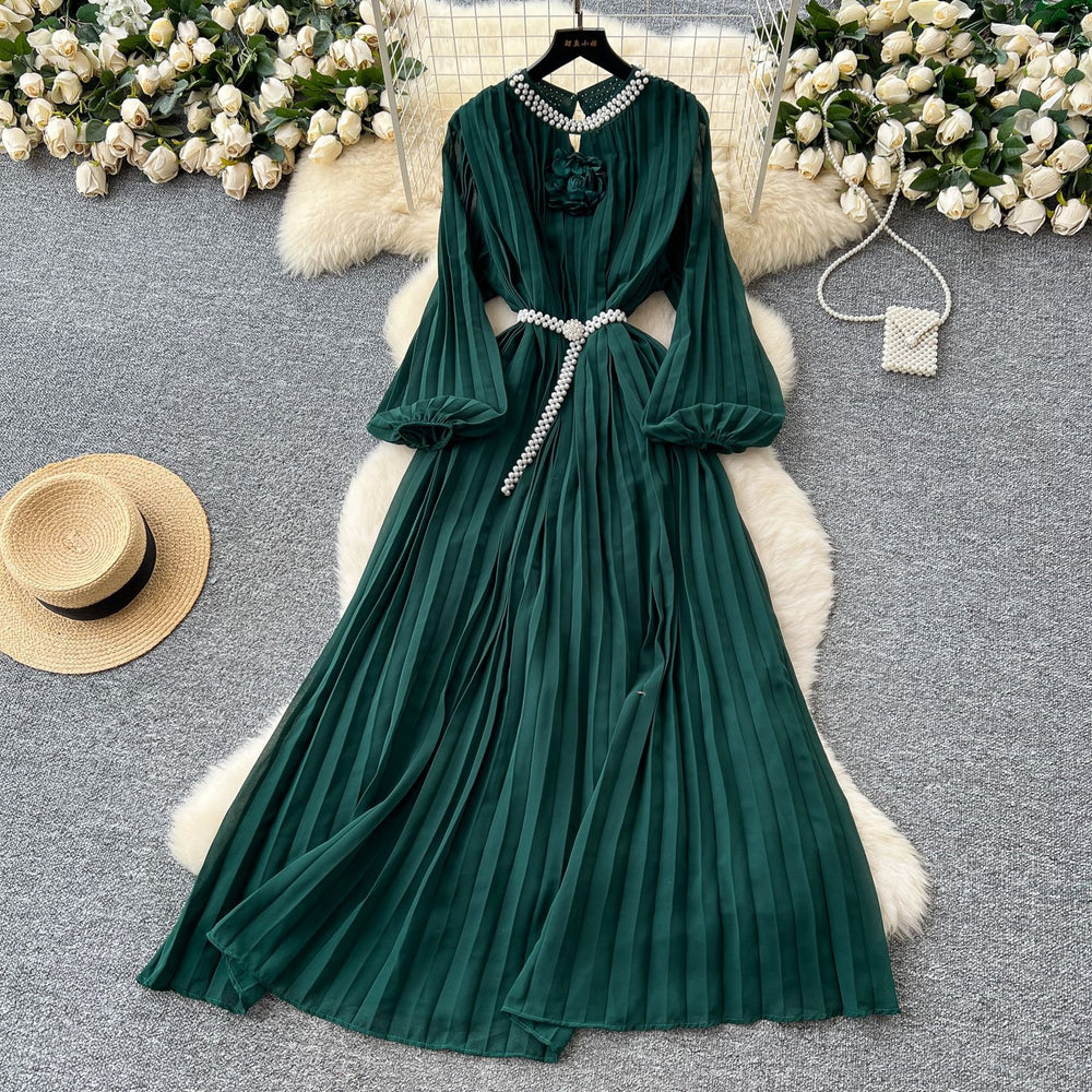 Frenchclassy heavy industry studded cut out round neck stereo flower lantern sleeves strappy waist pleated chiffon dress