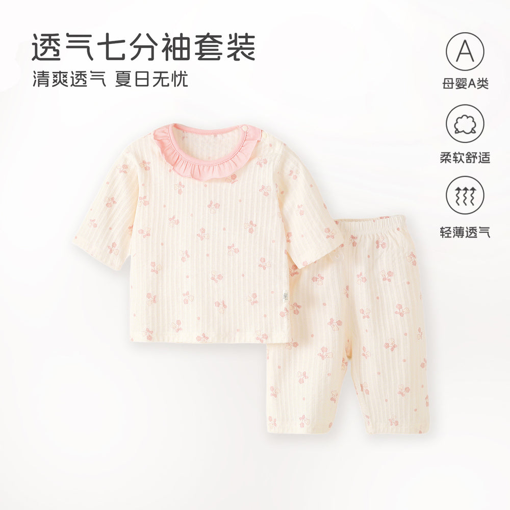 Baby pajamas pure cotton thin kids home clothes summer boys and girls three-quarter sleeve air-conditioning clothes separatessuit