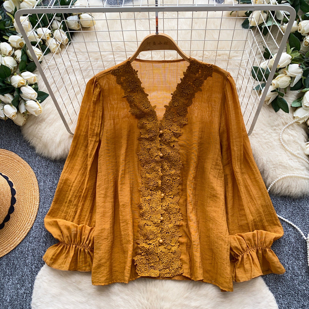 Korean style commute v-neck lace patchwork shirt women's long sleeve loose cardigan rose red top - autumn  collection