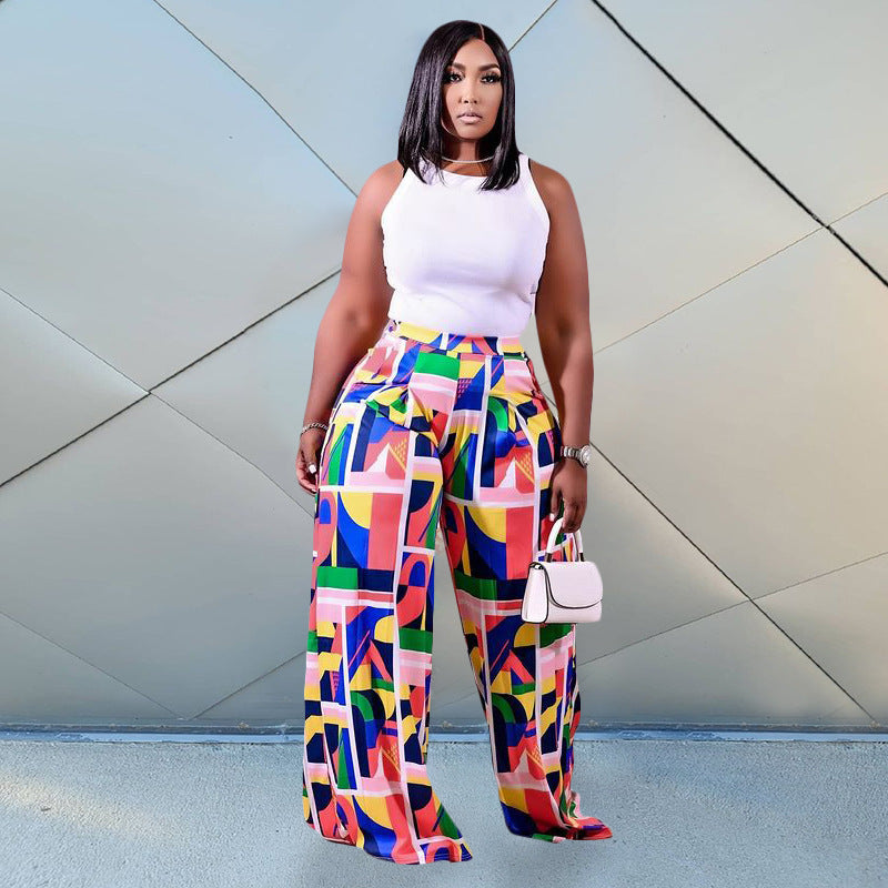 P5103 plus size women's casual wide-leg pants - elastic waist, letter & geometric floral print, cross-border fashion